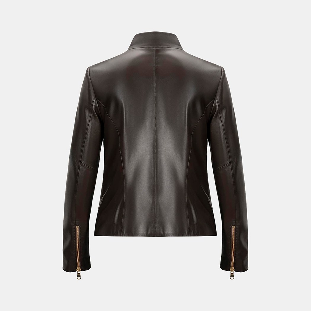 Kadın Kahve Hakim Yakalı Fit Deri Ceket