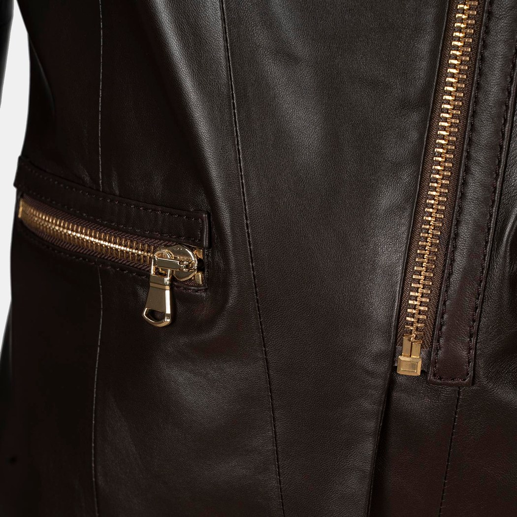 Kadın Kahve Hakim Yakalı Fit Deri Ceket