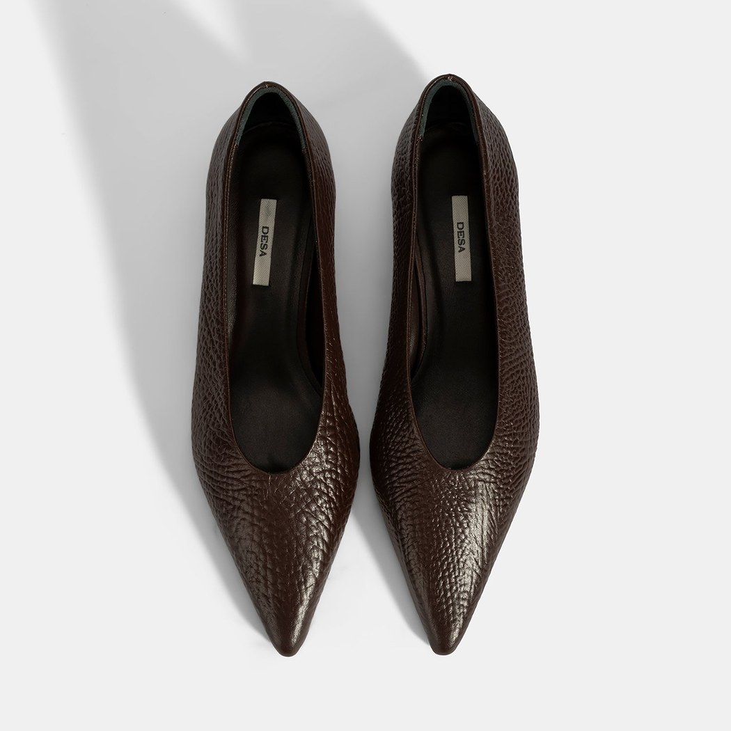 Kadın Kahve İnce Kısa Topuklu Deri Ayakkabı