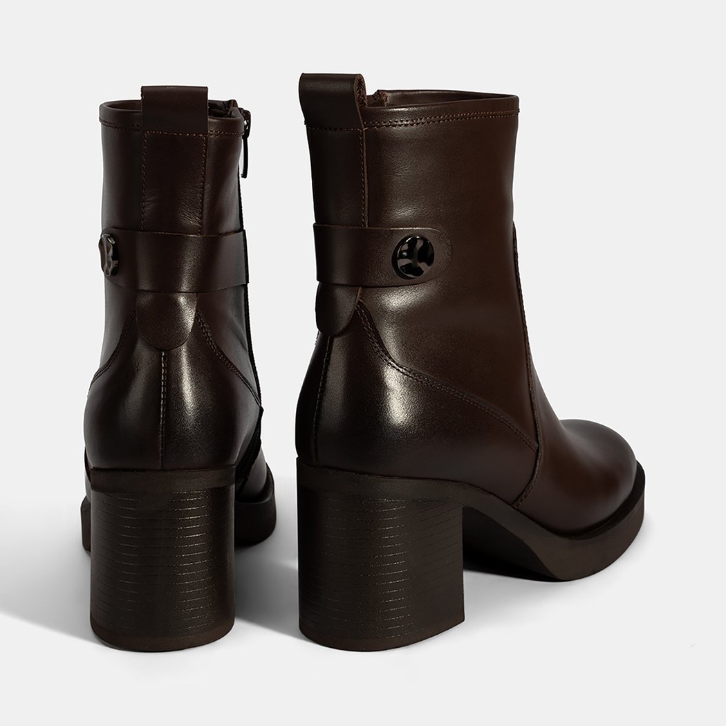 Kadın Kahve Kalın Topuklu Deri Bot