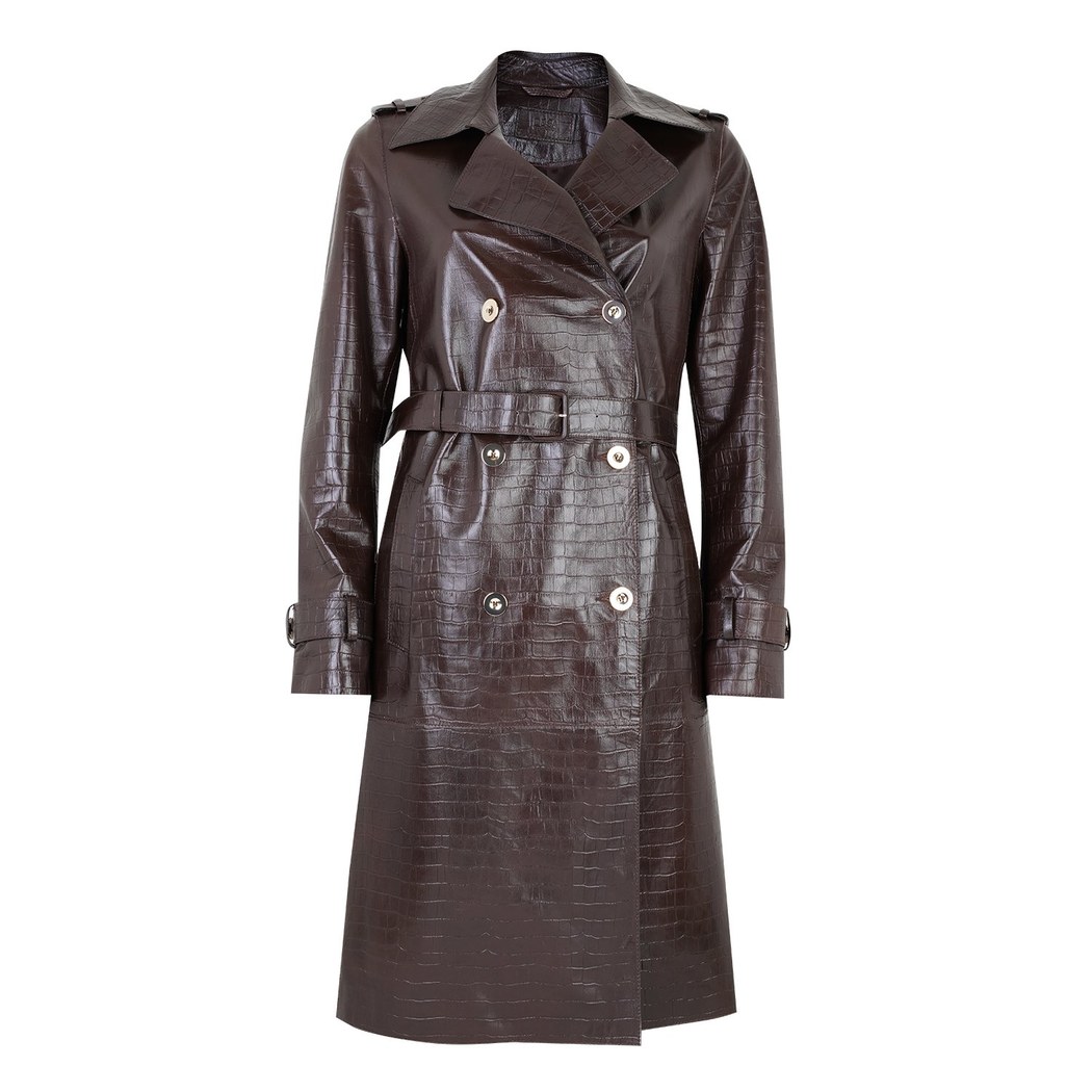 Kadın Kahve Kroko Baskılı Deri Trençkot