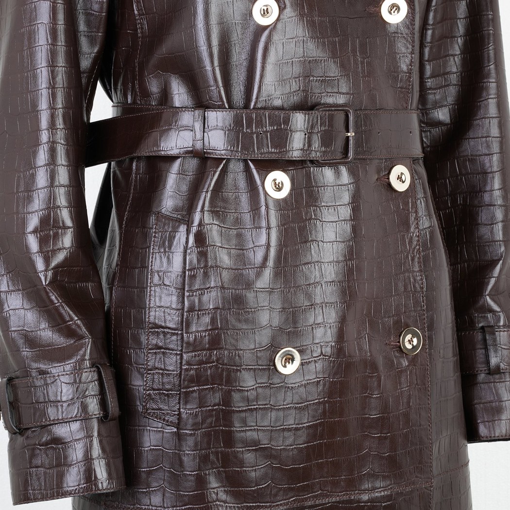 Kadın Kahve Kroko Baskılı Deri Trençkot