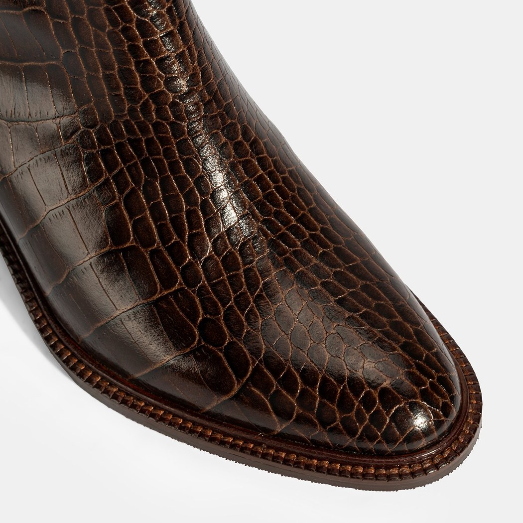 Kadın Kahve Kroko Baskılı Fermuarlı Deri Topuklu Bot