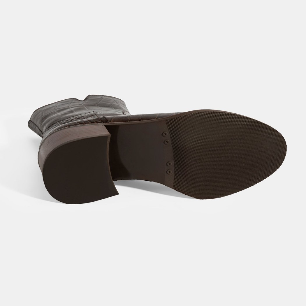 Kadın Kahve Kroko Baskılı Fermuarlı Deri Topuklu Bot