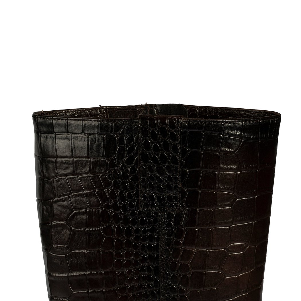 Kadın Kahve Kroko Baskılı Kalın Topuklu Deri Çizme