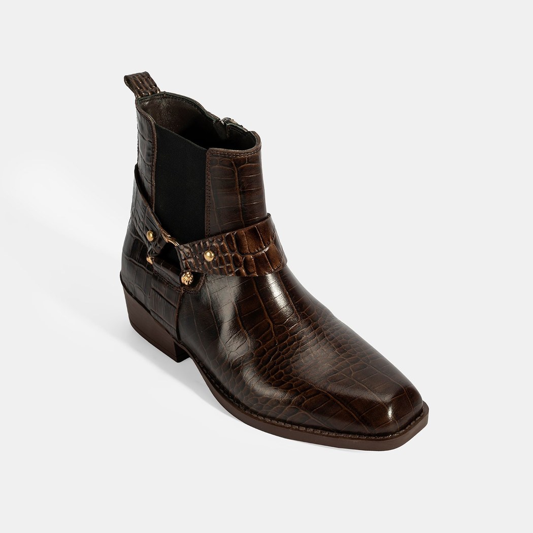 Kadın Kahve Kroko Baskılı Lastik Detaylı Deri Bot