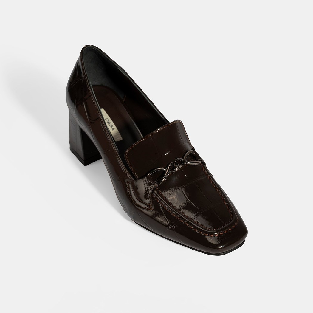 Kadın Kahve Kroko Baskılı Topuklu Rugan Loafer