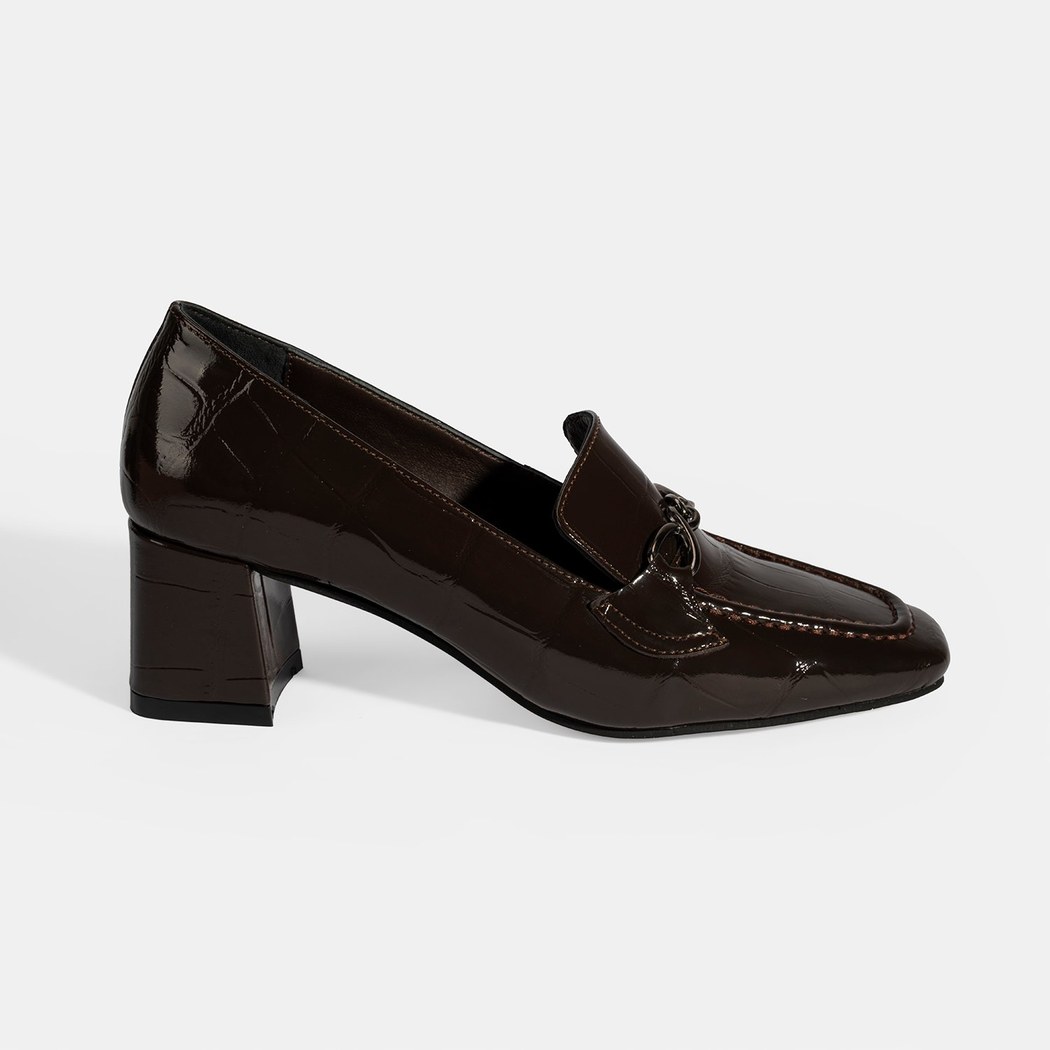 Kadın Kahve Kroko Baskılı Topuklu Rugan Loafer