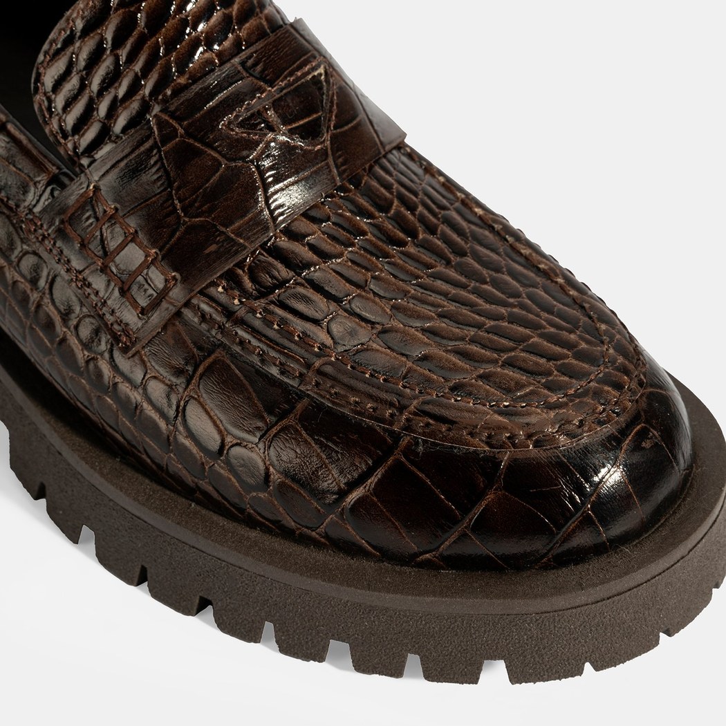 Kadın Kahve Kroko Basklı Deri Loafer