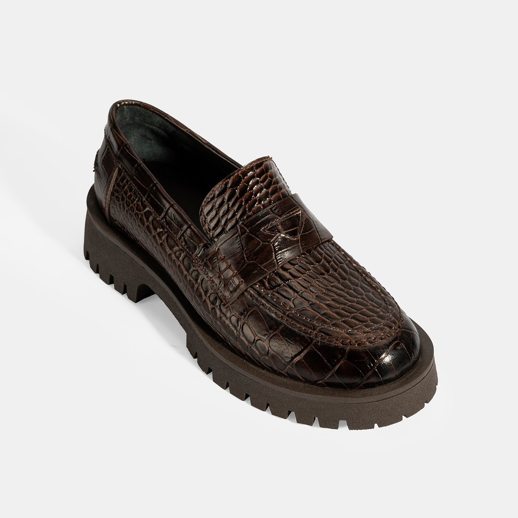 Kadın Kahve Kroko Basklı Deri Loafer