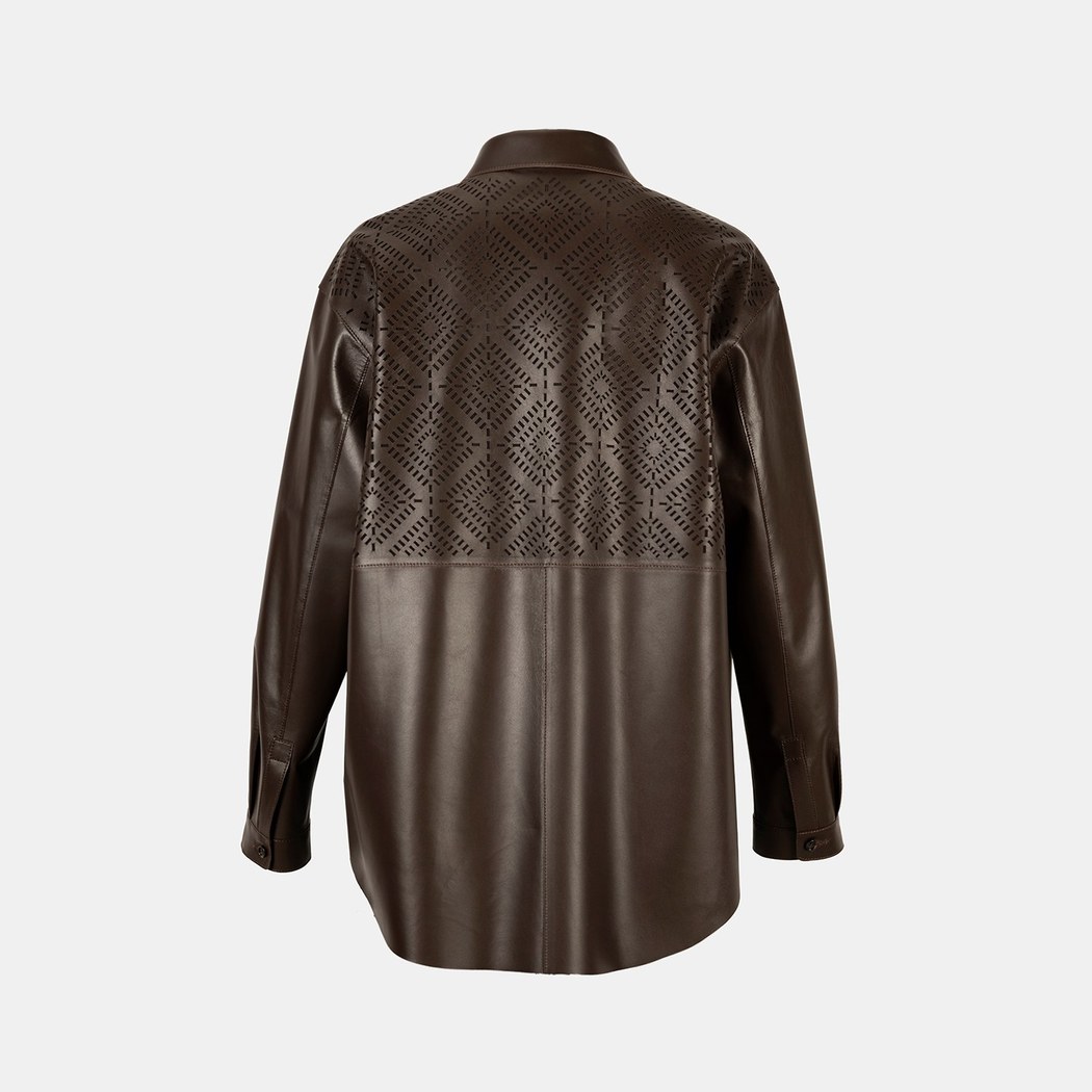 Kadın Kahve Lazer Kesimli Geometrik Desenli Deri Gömlek