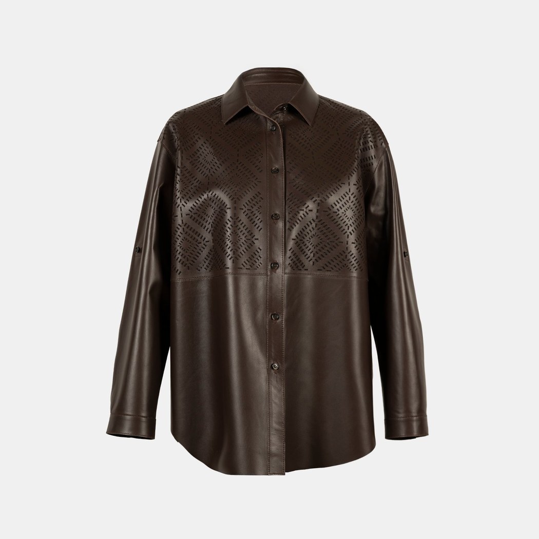 Kadın Kahve Lazer Kesimli Geometrik Desenli Deri Gömlek