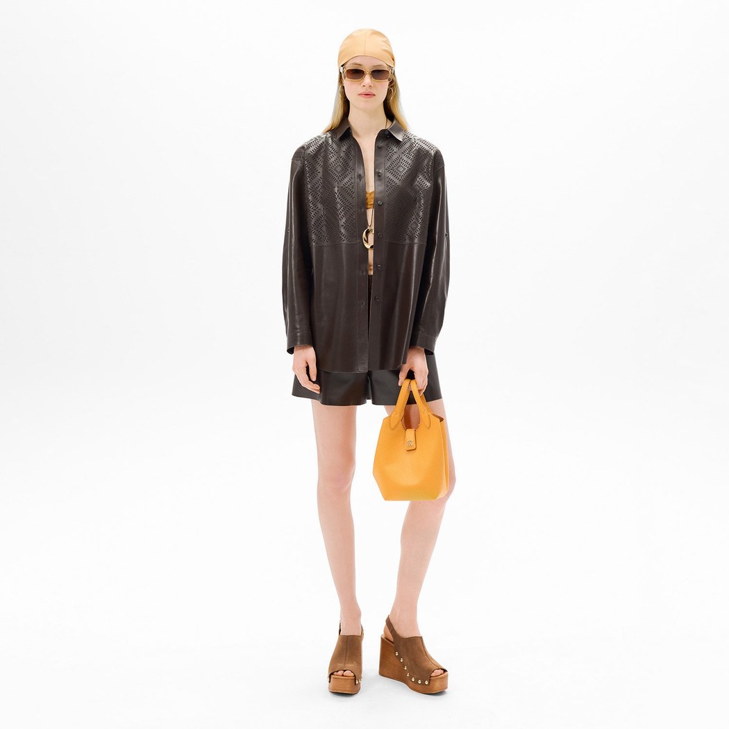 Kadın Kahve Lazer Kesimli Geometrik Desenli Deri Gömlek