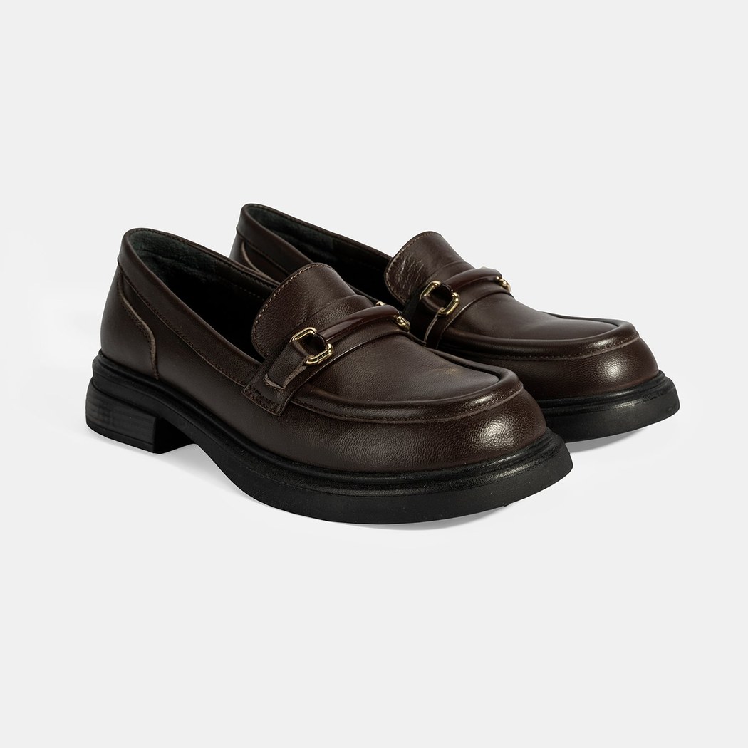 Kadın Kahve Metal Toka Detaylı Deri Loafer