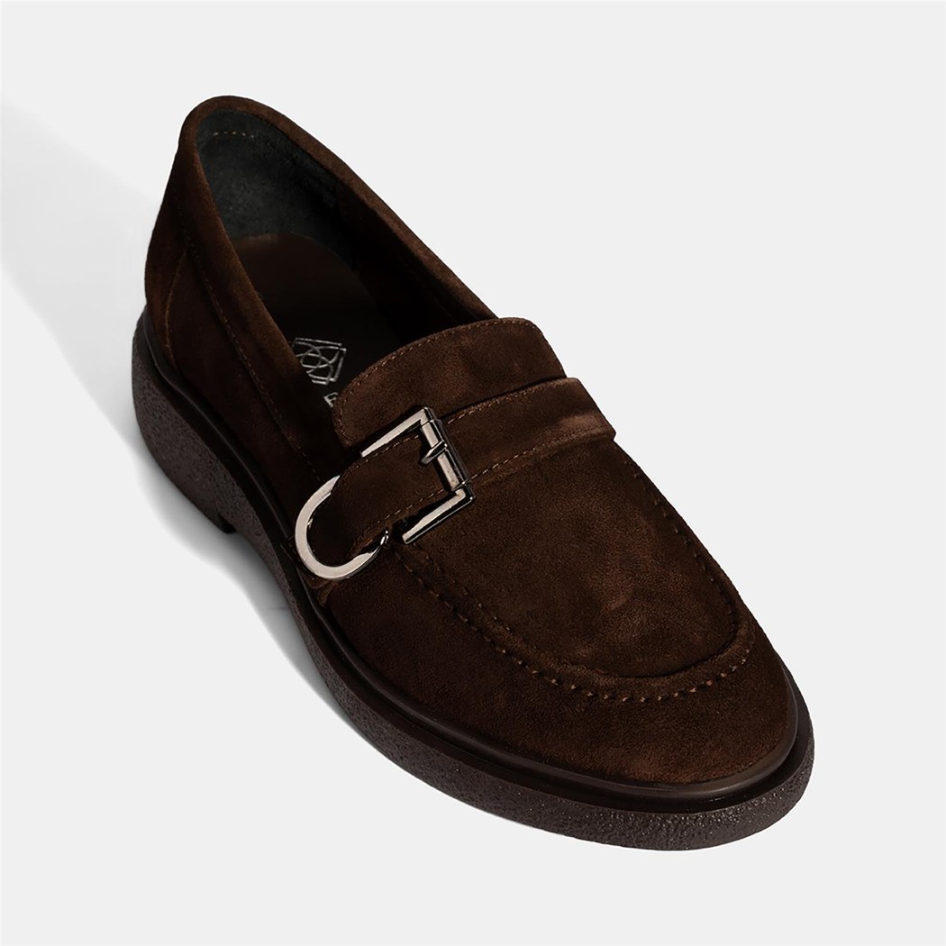 Kadın Kahve Metal Toka Detaylı Süet Loafer