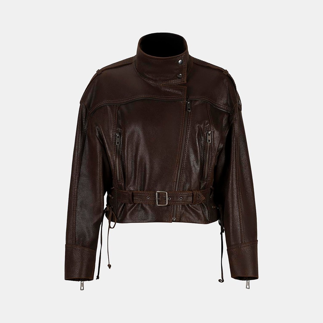 Kadın Kahve Oversize Kemerli Biker Deri Ceket