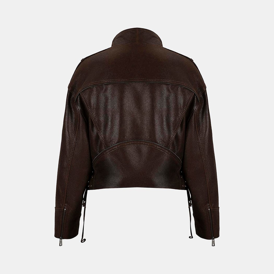 Kadın Kahve Oversize Kemerli Biker Deri Ceket