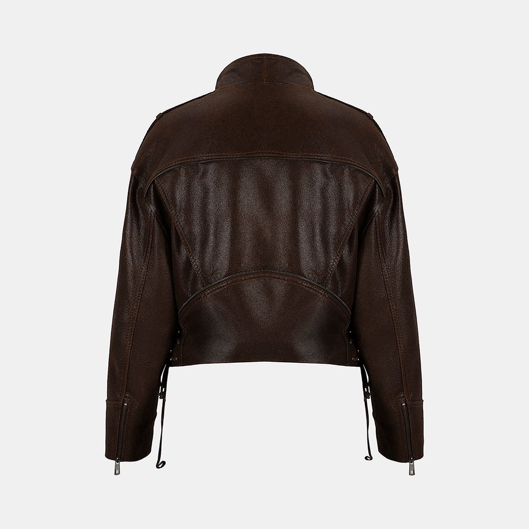 Kadın Kahve Oversize Kemerli Biker Deri Ceket