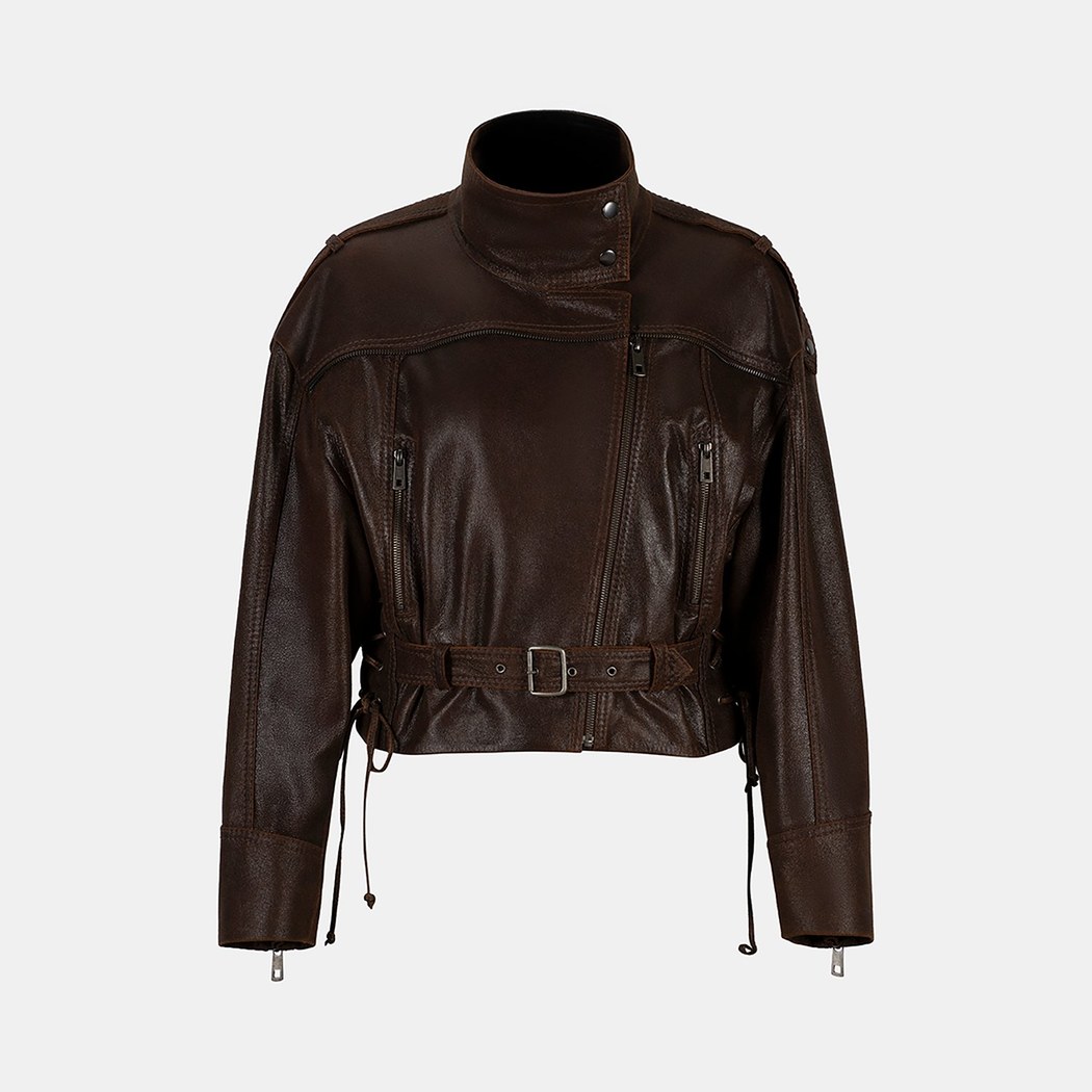 Kadın Kahve Oversize Kemerli Biker Deri Ceket