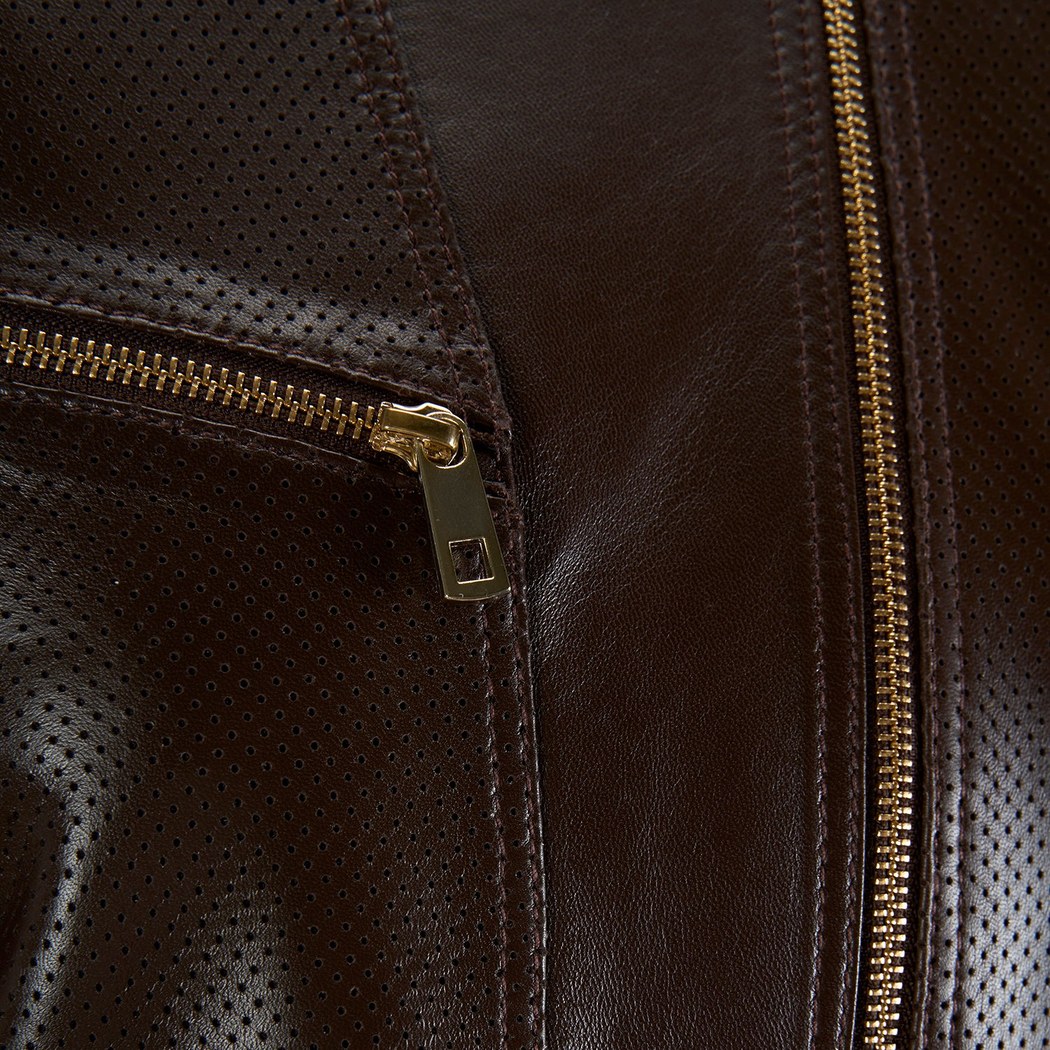 Kadın Kahve Perfore Detaylı Deri Ceket