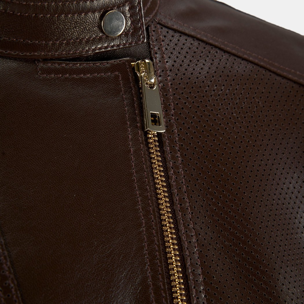 Kadın Kahve Perfore Detaylı Deri Ceket