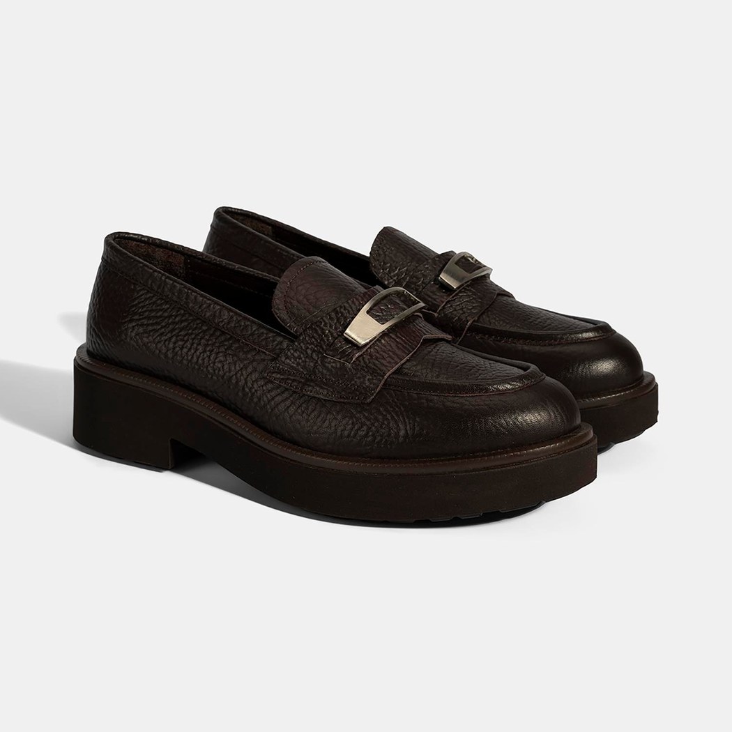 Kadın Kahve Toka Aksesuarlı Kalın Tabanlı Deri Loafer