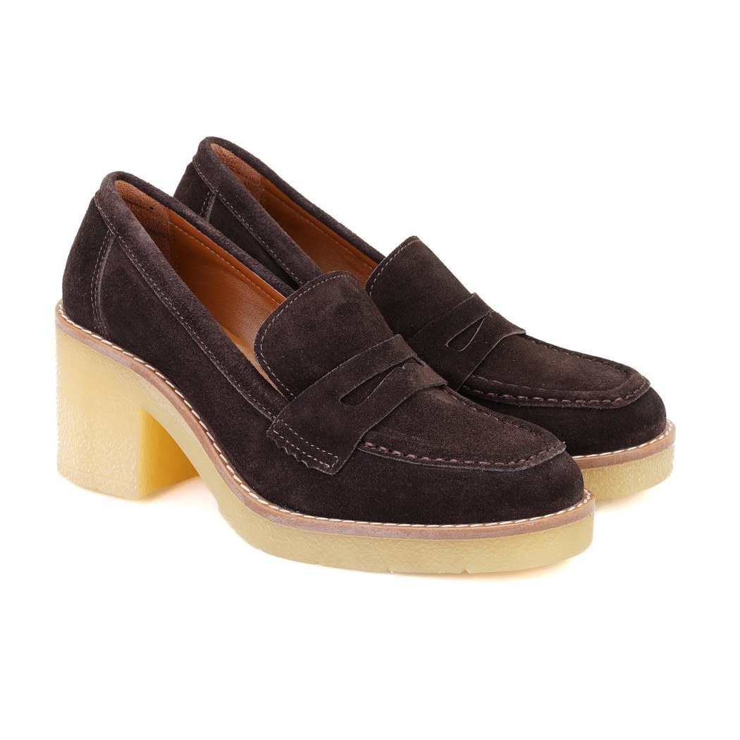 Kadın Kahve Topuklu Süet Deri Loafer