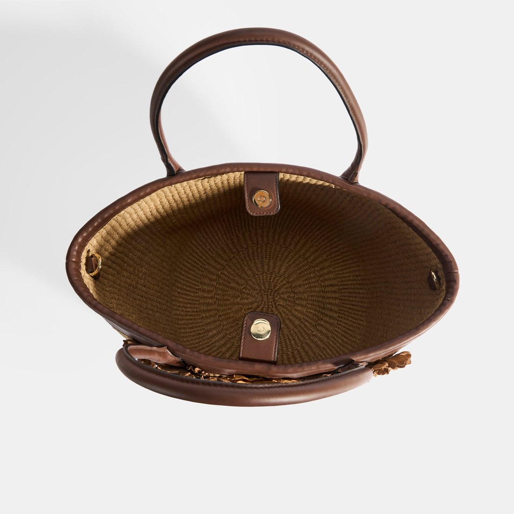 Kadın Kahve Turuncu Çiçek Detaylı Hasır Omuz Çantası