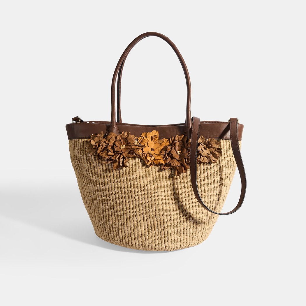 Kadın Kahve Turuncu Çiçek Detaylı Hasır Omuz Çantası