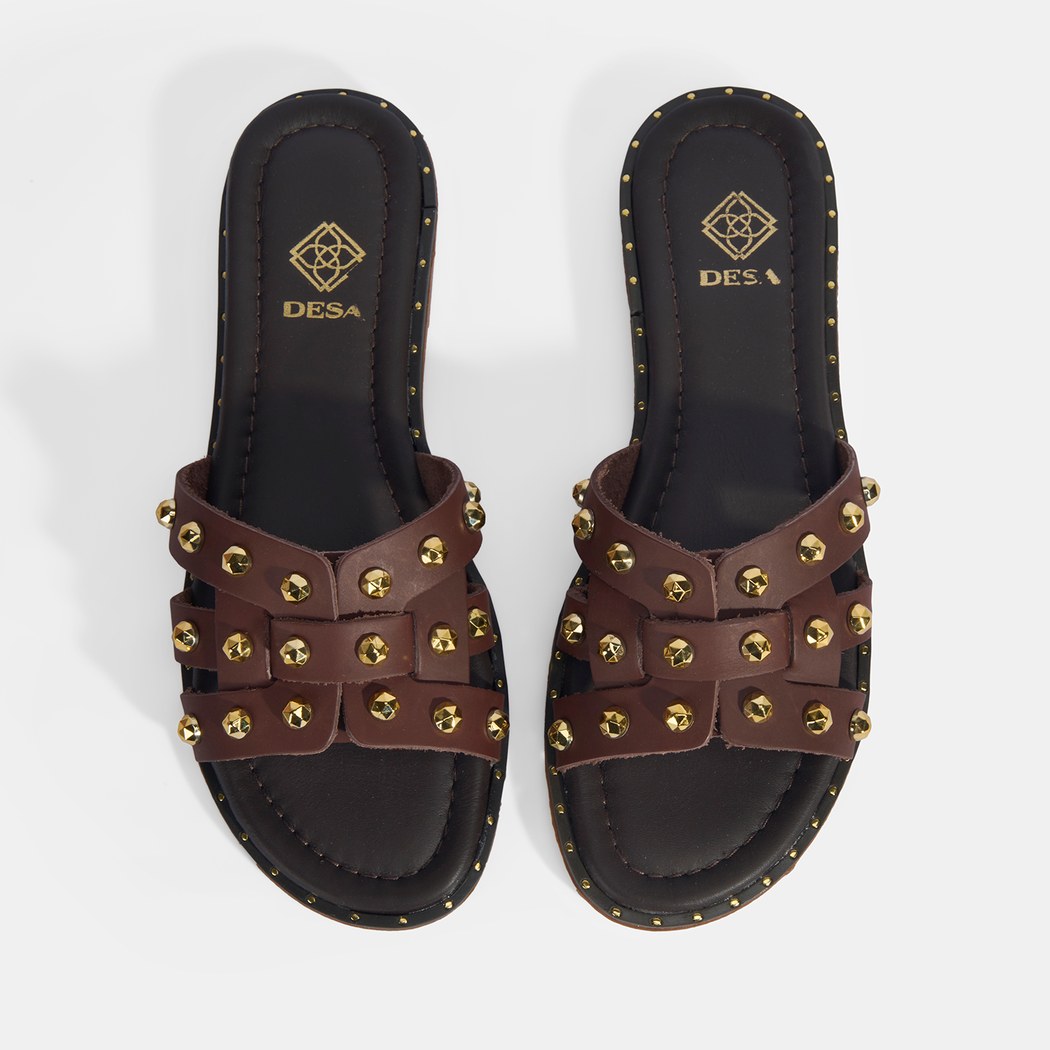 Kadın Kahve Zımba Detaylı Deri Terlik