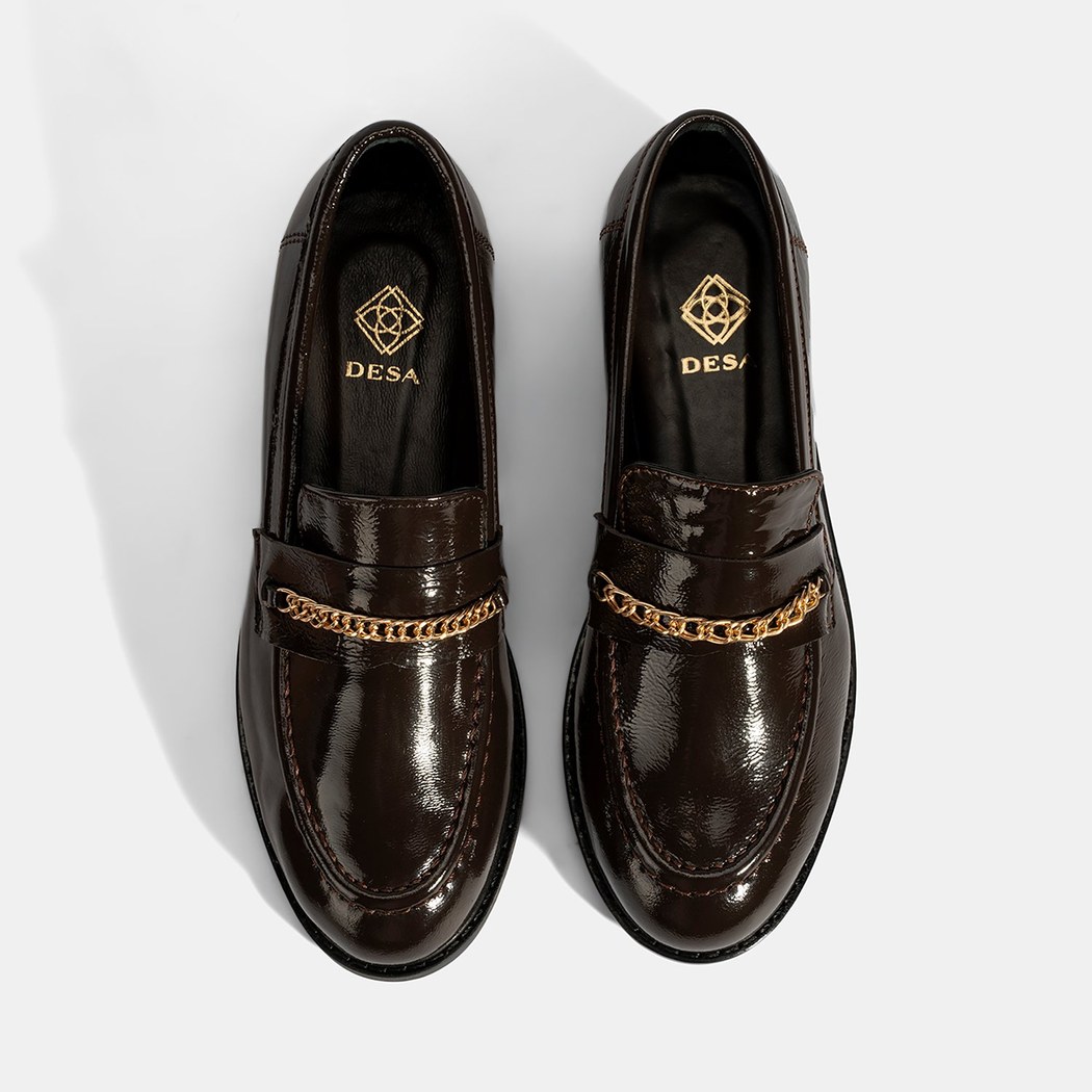 Kadın Kahve Zincir Aksesuarlı Deri Loafer