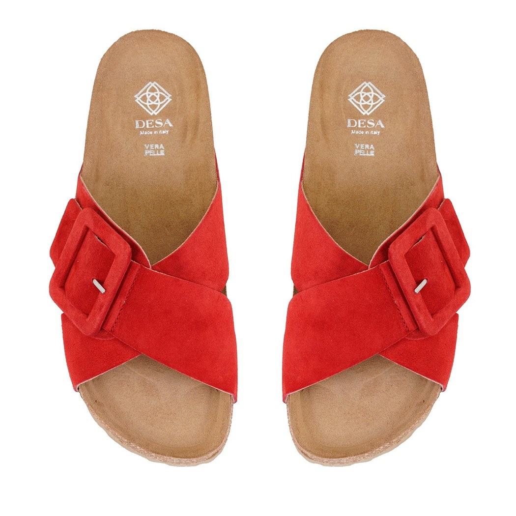 Kadın Kırmızı Ayarlanabilir Tokalı Süet Deri Terlik