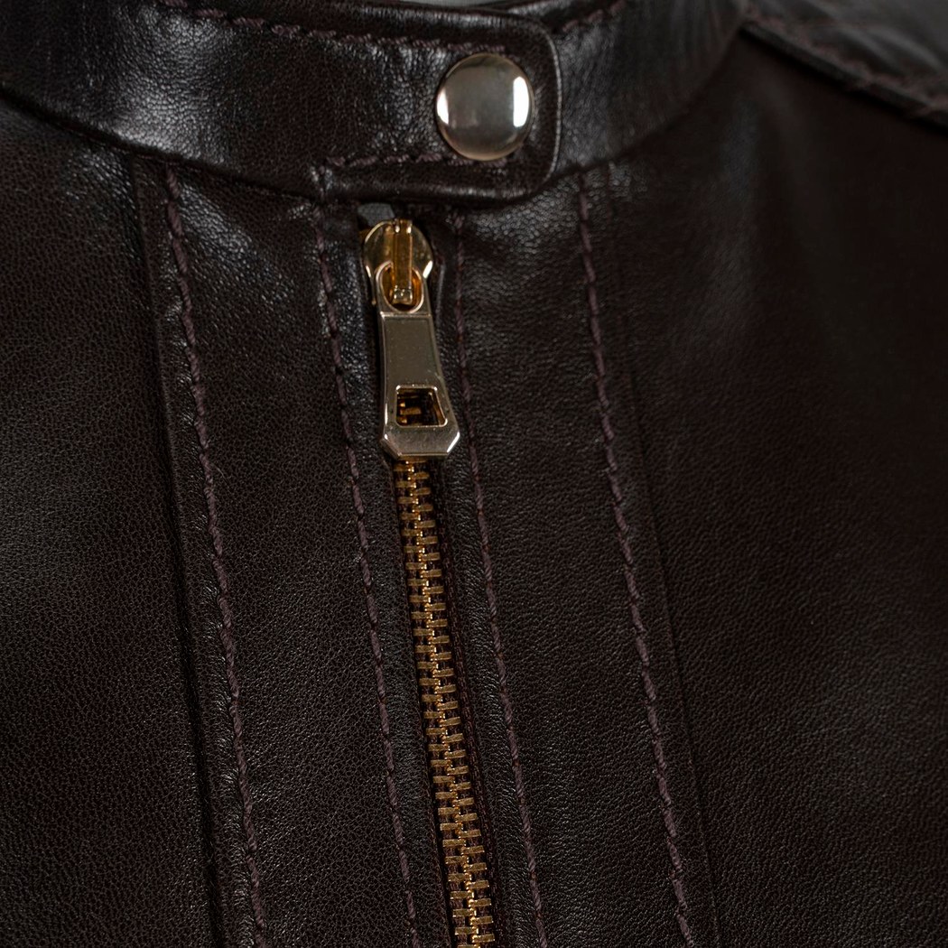 Kadın Koyu Kahve Hakim Yakalı Fit Deri Ceket