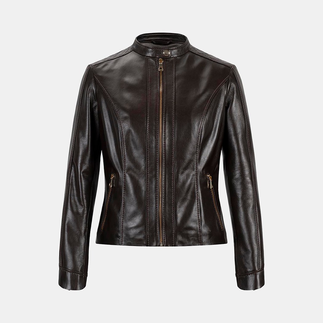 Kadın Koyu Kahve Hakim Yakalı Fit Deri Ceket