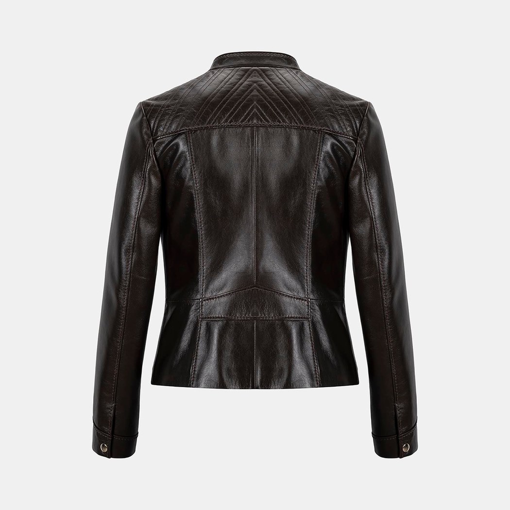 Kadın Koyu Kahve Hakim Yakalı Fit Deri Ceket