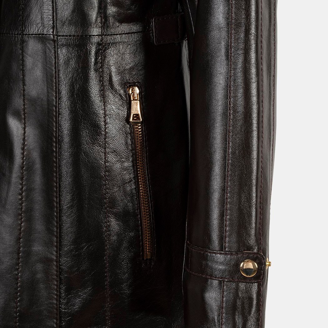 Kadın Koyu Kahve Hakim Yakalı Kapüşonlu Deri Kaban