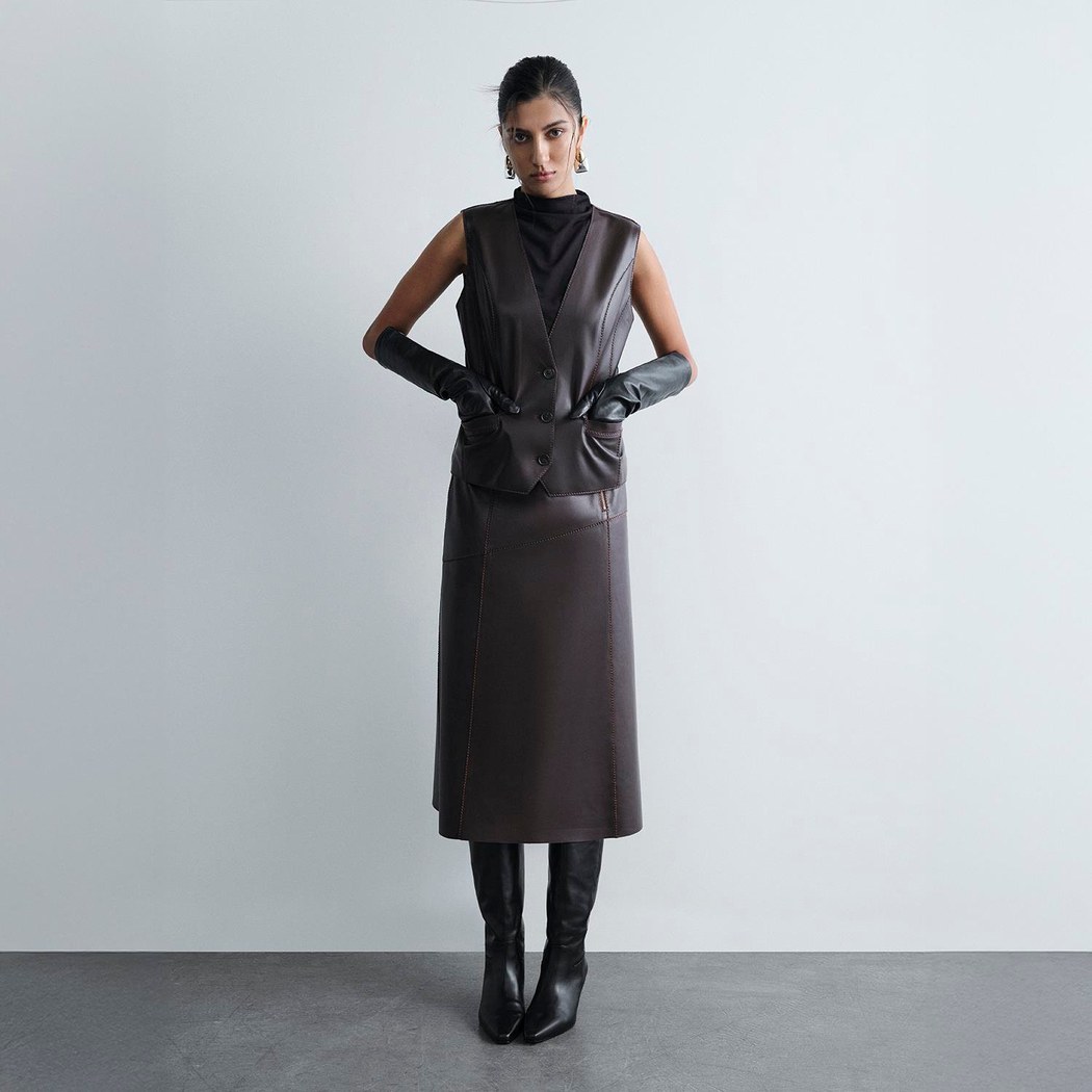 Kadın Koyu Kahve Midi Boy Deri Etek