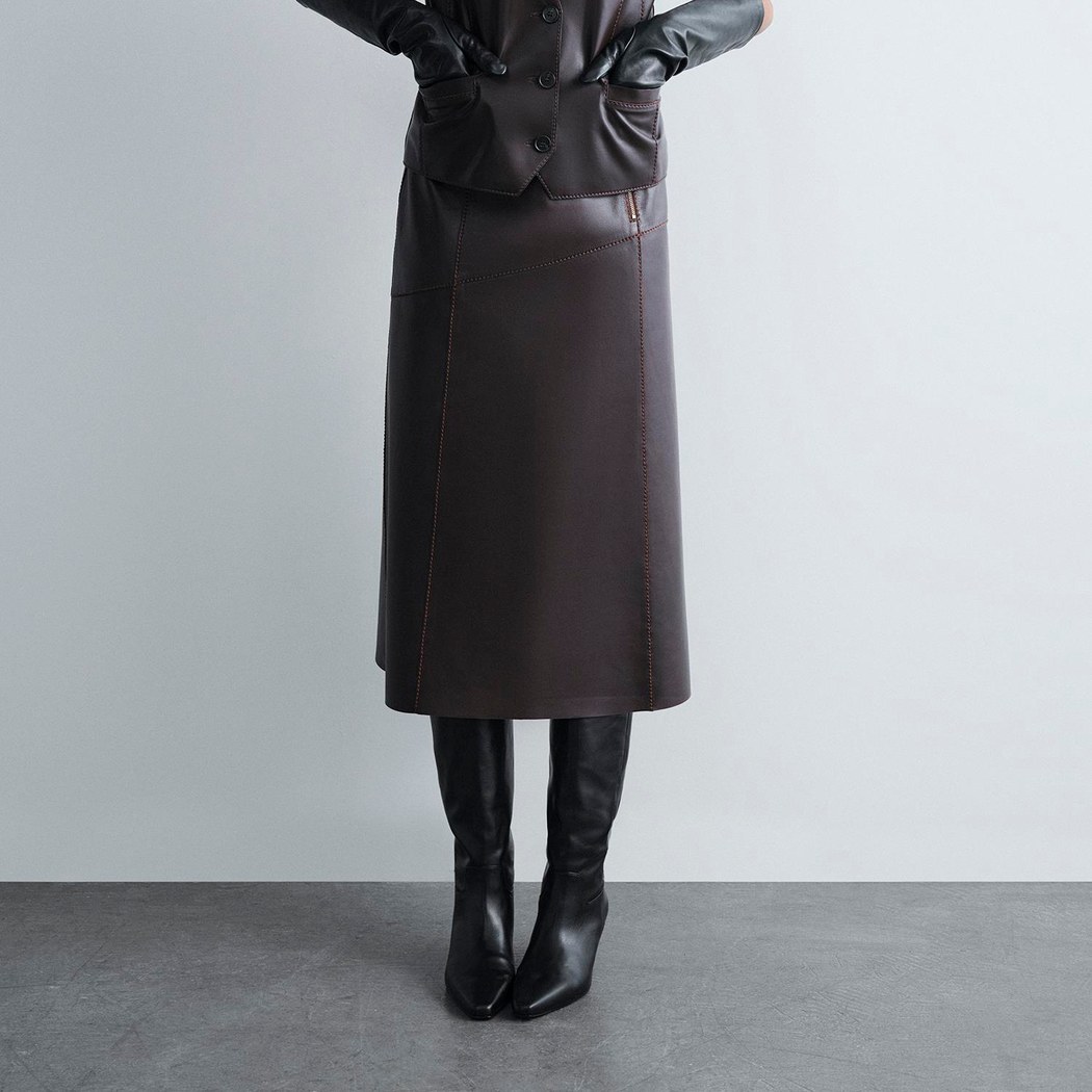 Kadın Koyu Kahve Midi Boy Deri Etek