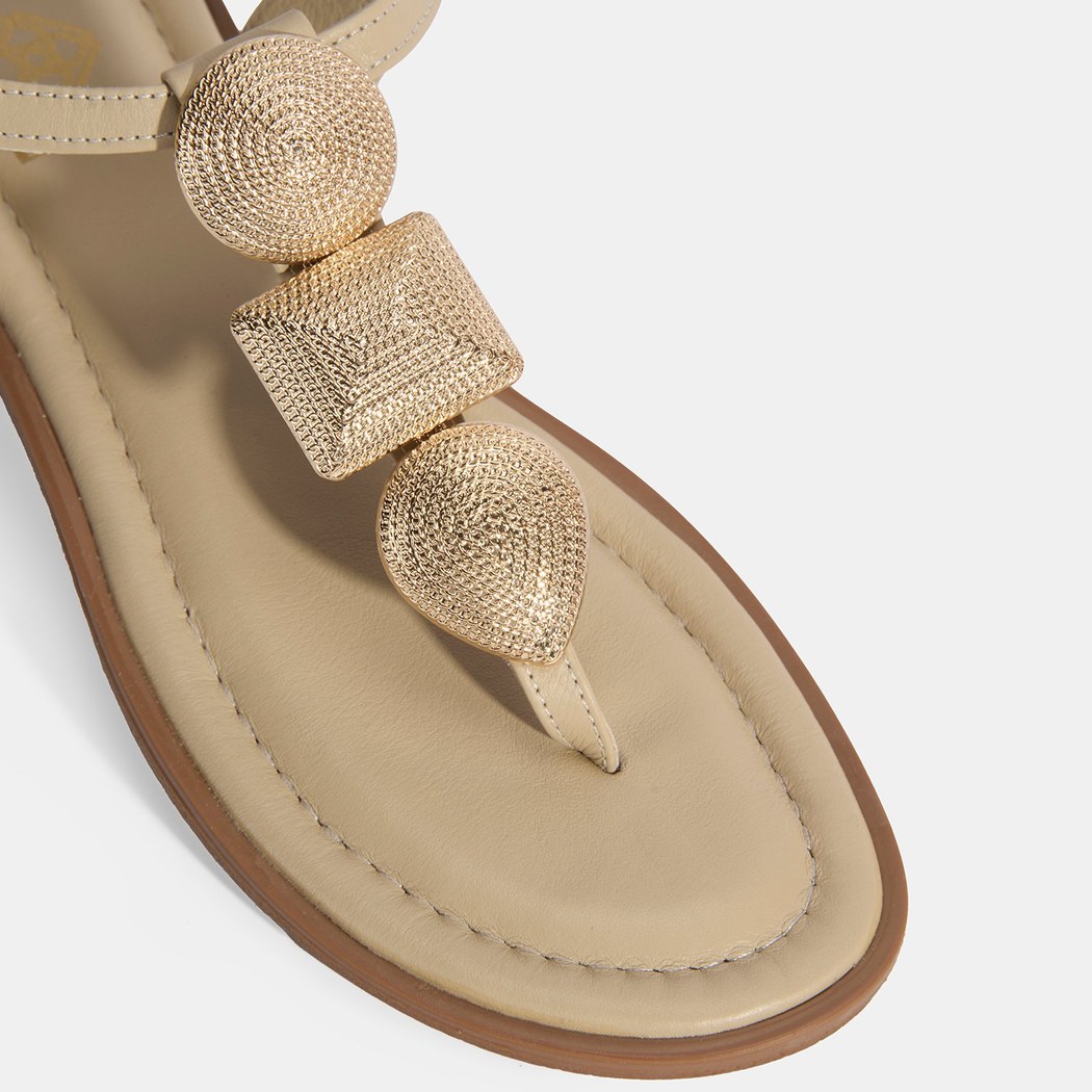 Kadın Krem Ayarlanabilir Tokalı Deri Sandalet