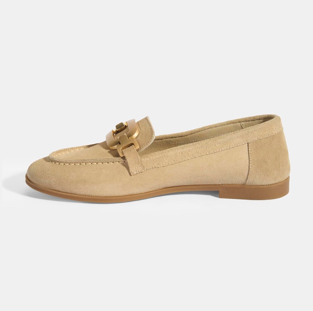 Kadın Krem Metal Aksesuarlı Süet Loafer