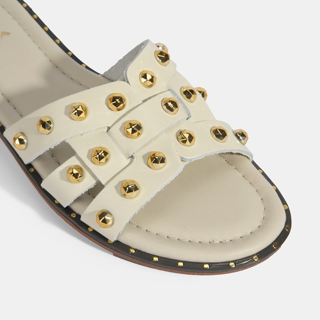 Kadın Krem Zımba Detaylı Deri Terlik