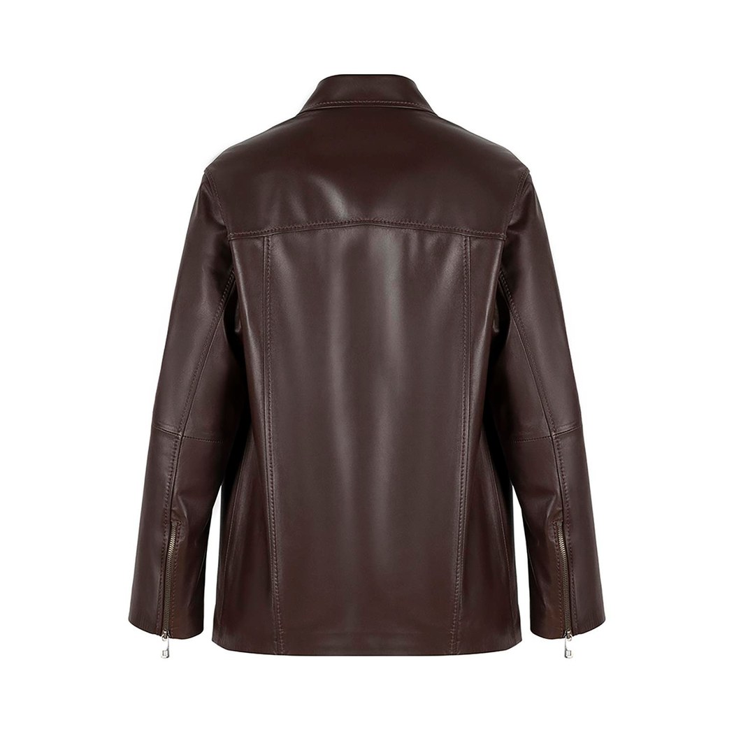 Kadın Lacivert Gömlek Yakalı Deri Ceket