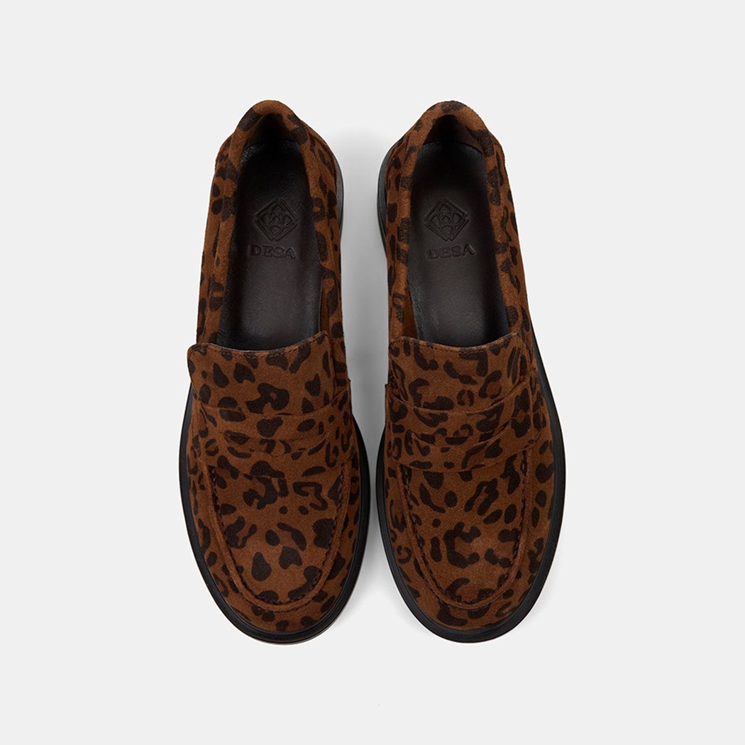 Kadın Leopar Desenli Yuvarlak Burun Süet Deri Loafer