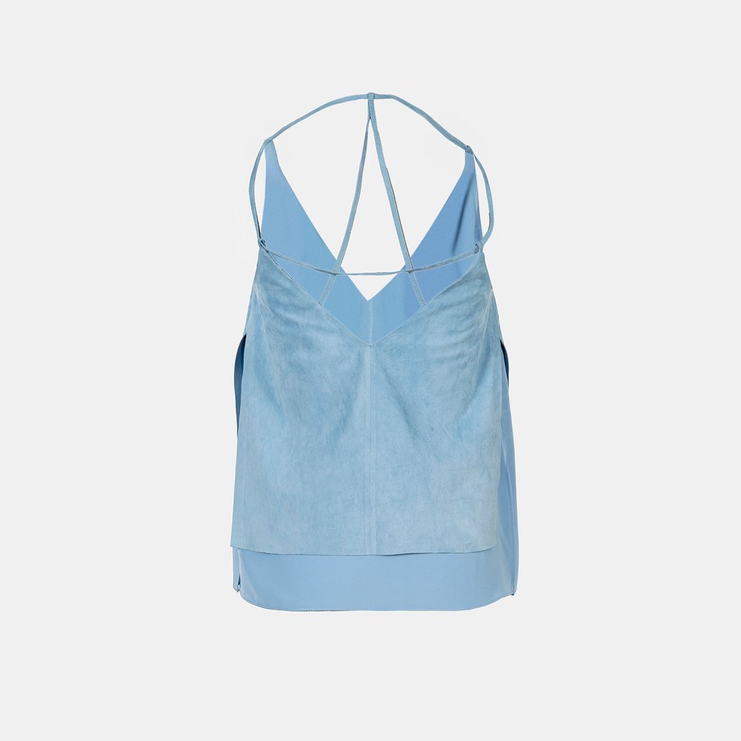 Kadın Mavi Askılı V Yaka Süet Bluz 