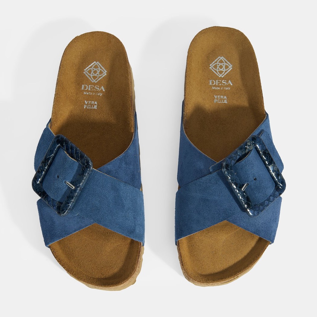 Kadın Mavi Ayarlanabilir Toka Detaylı Süet Terlik