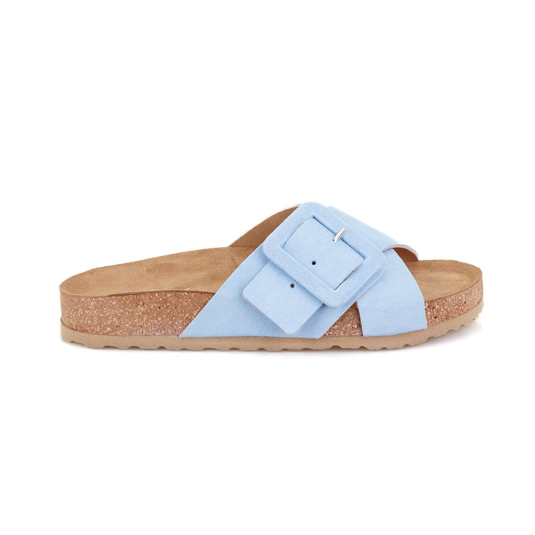 Kadın Mavi Ayarlanabilir Tokalı Süet Deri Terlik