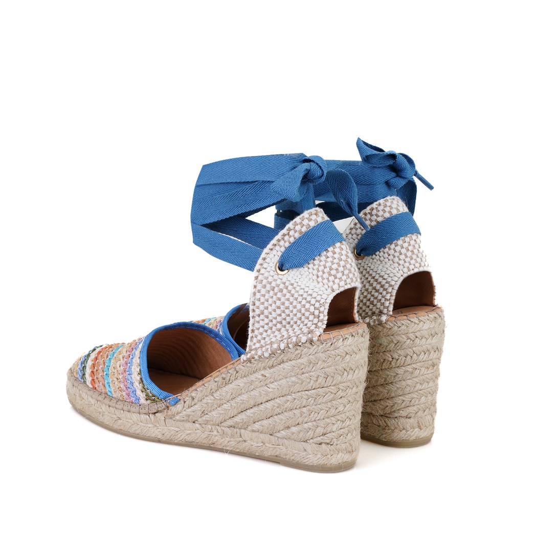 Kadın Mavi Dolgu Topuklu Deri Espadril Sandalet