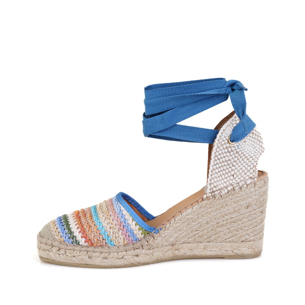 Kadın Mavi Dolgu Topuklu Deri Espadril Sandalet