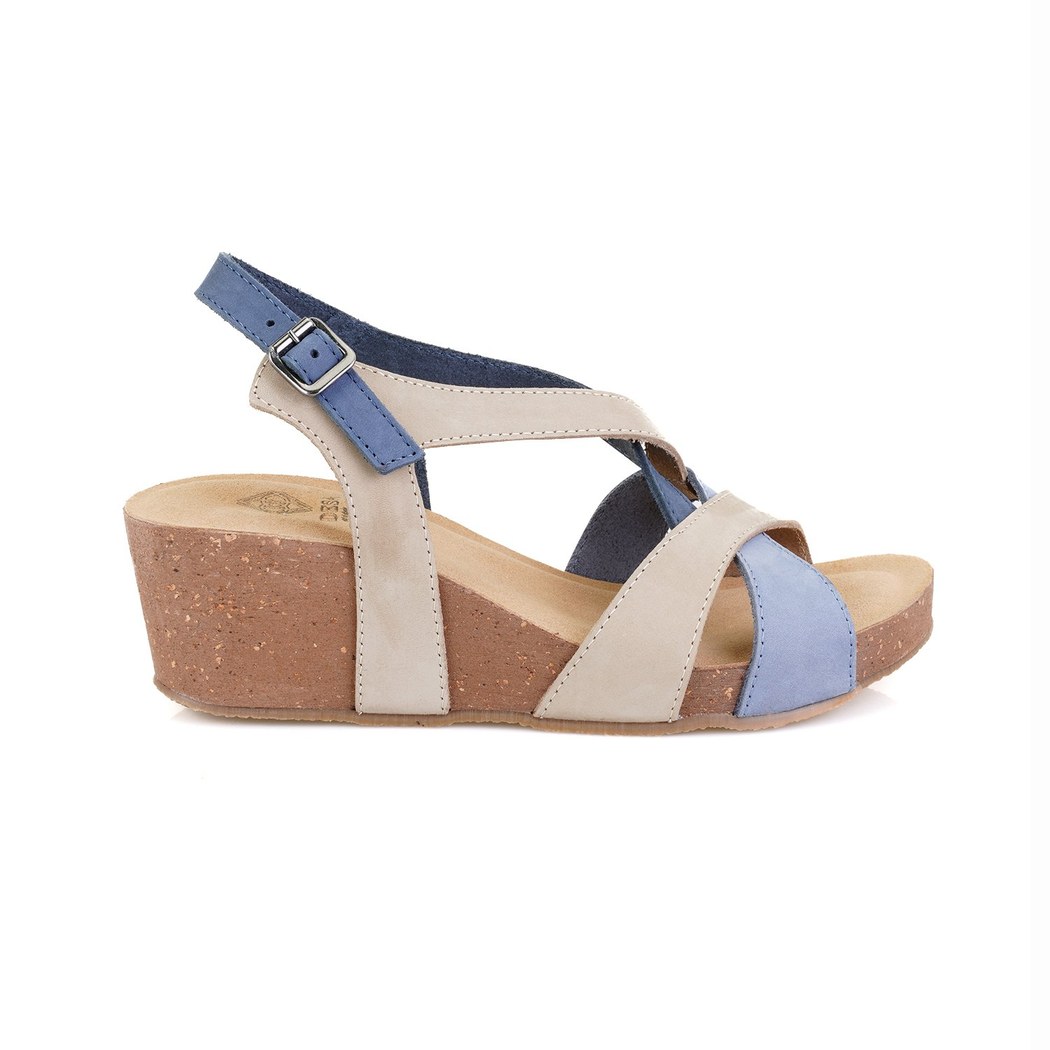 Kadın Mavi Dolgu Topuklu Deri Sandalet