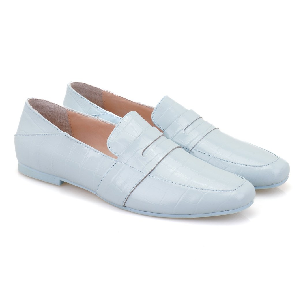 Kadın Mavi Kroko Baskılı Deri Loafer